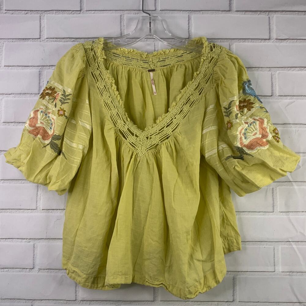 Free People top embroidered crocheted lace balloon sleeves chartreuese green XS